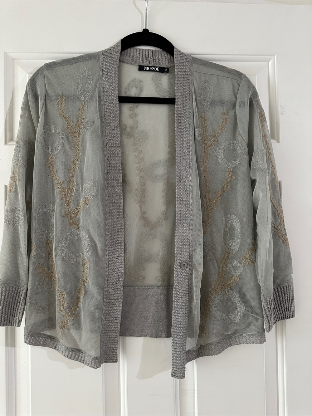 NIC+ZOE Light Gray Sheer Embroidered Open Cardigan with Gold Accents in size S